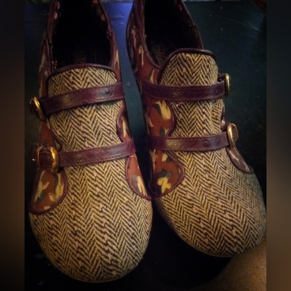 Irregular Choice Red Floral & Tan Herringbone Buckle Heels - Picture 2 of 8